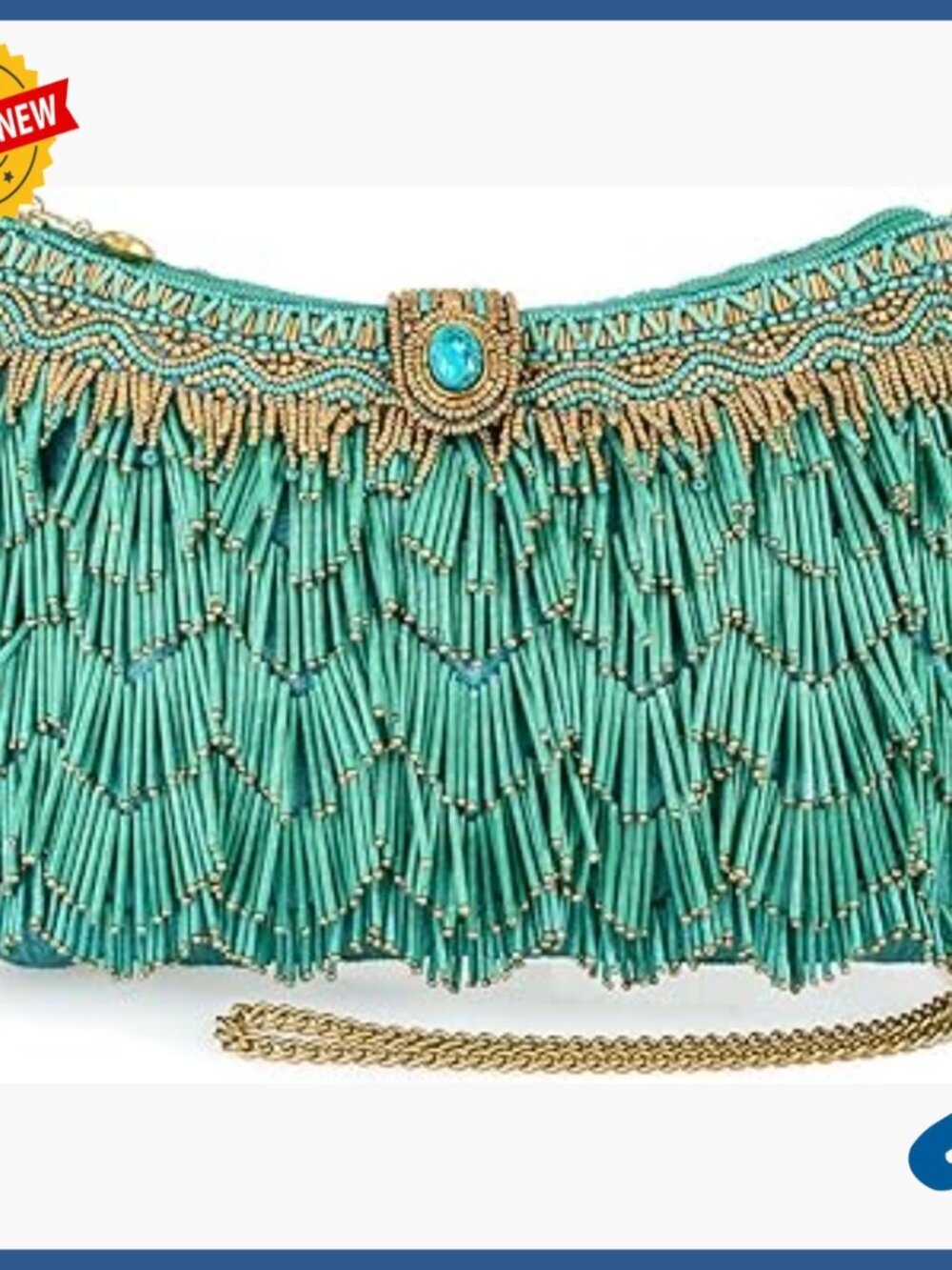 Vegan Beaded Fringe Crossbody Clutch with Chain Strap and Zipper Pocket